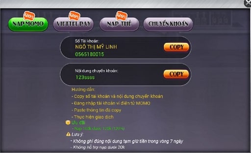 Giao diện nạp rút đơn giản, dễ hiểu